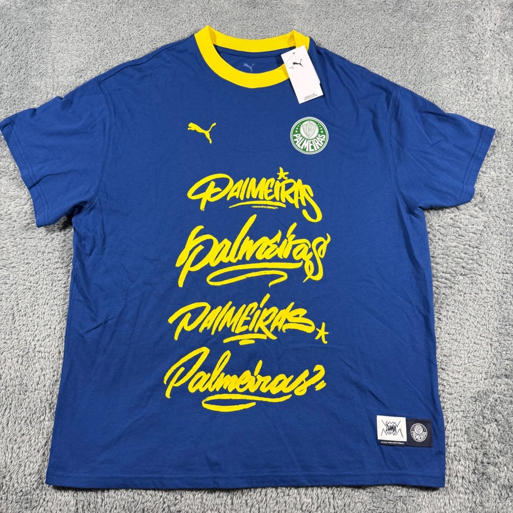 Puma Palmeiras T-Shirt Mens Medium Blue‎ Yellow Hoops Graphic Tee Soccer Brasil